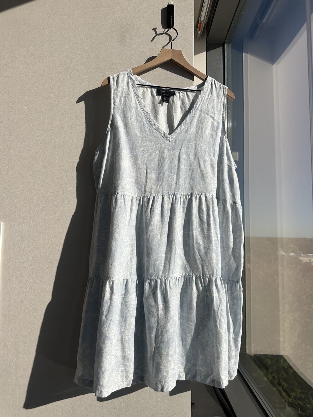 Tahari Sleeveless Tiered 100% Linen Mini Light Blue Coastal Tropical Dress 1X